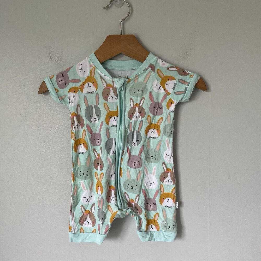 Little Sleepies Shorty Zippy Bunnies Teal Blue Bamboo Stretchy Unisex Size 3-6mo